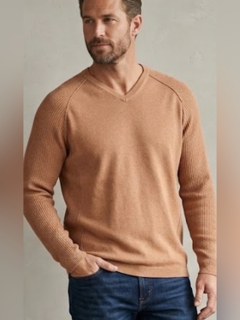 Tommy Bahama Men's V-Neck Sweater in Camel Tan Cotton
